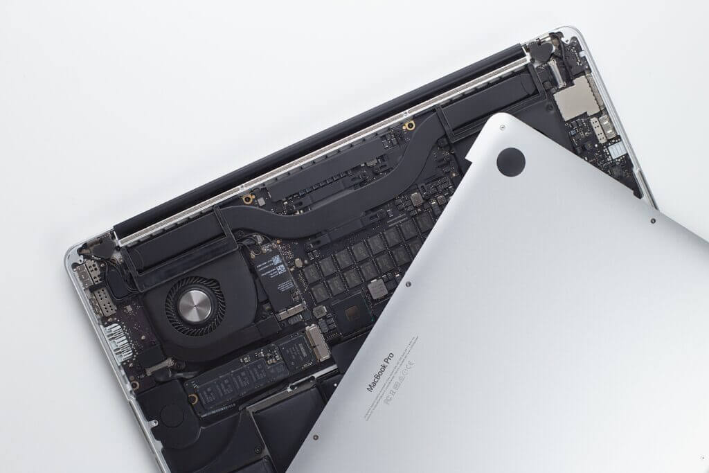 close up of the exposed back of a Macbook Pro
